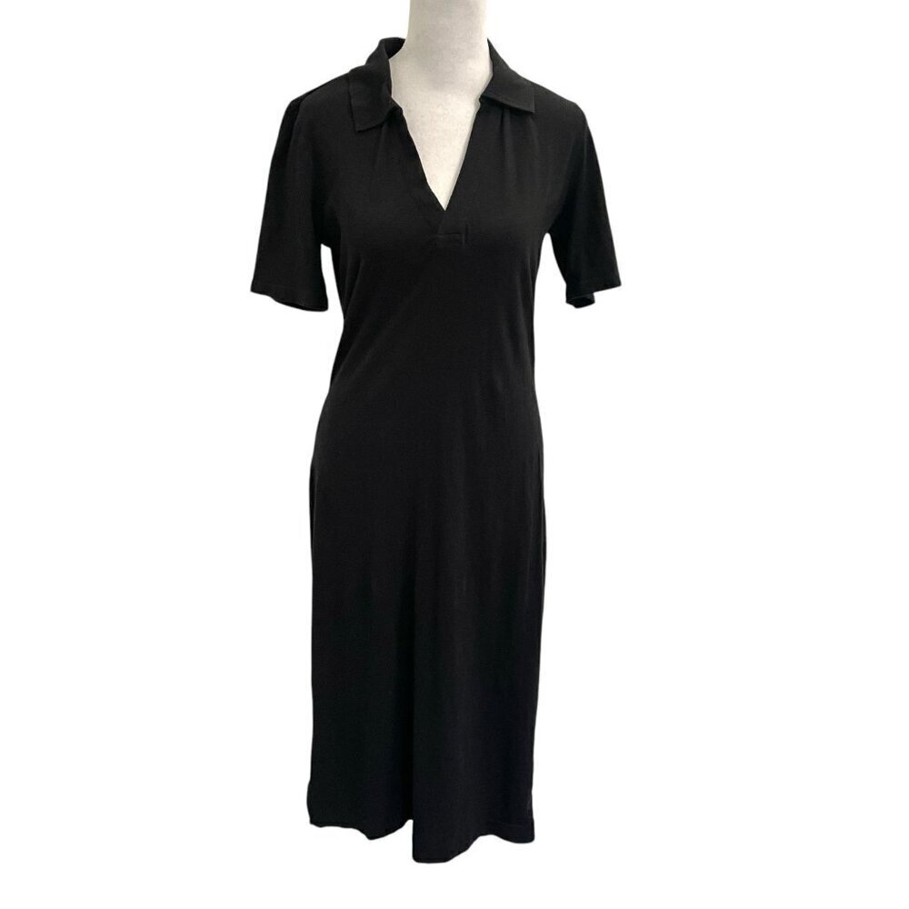 PACT Linen Blend Collared Split Neck T-Shirt Dress Classic Black size XS